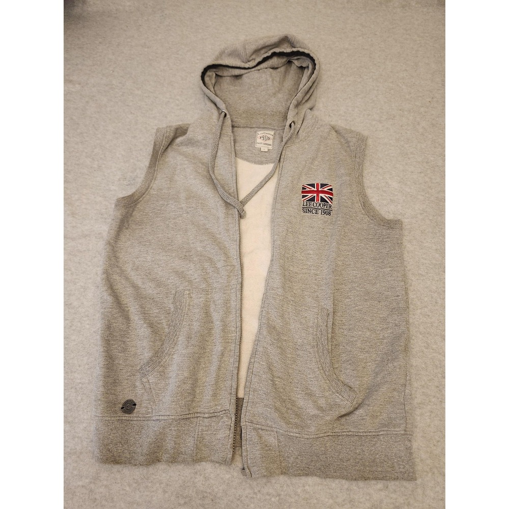 Lee Cooper Hoodie Vest Mens Large Gray Sleeveless Zip‎ Union Jack Since 1908